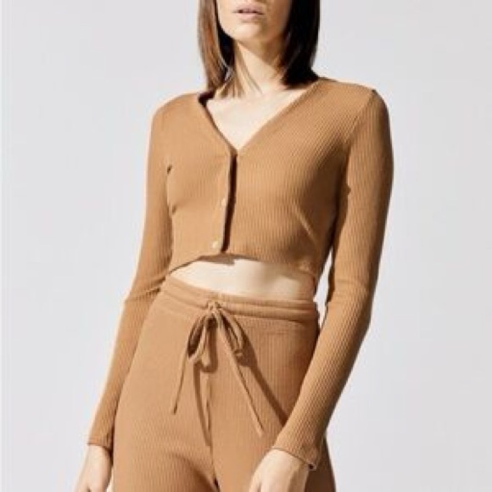 Tan Ribbed Button-Up Crop Top